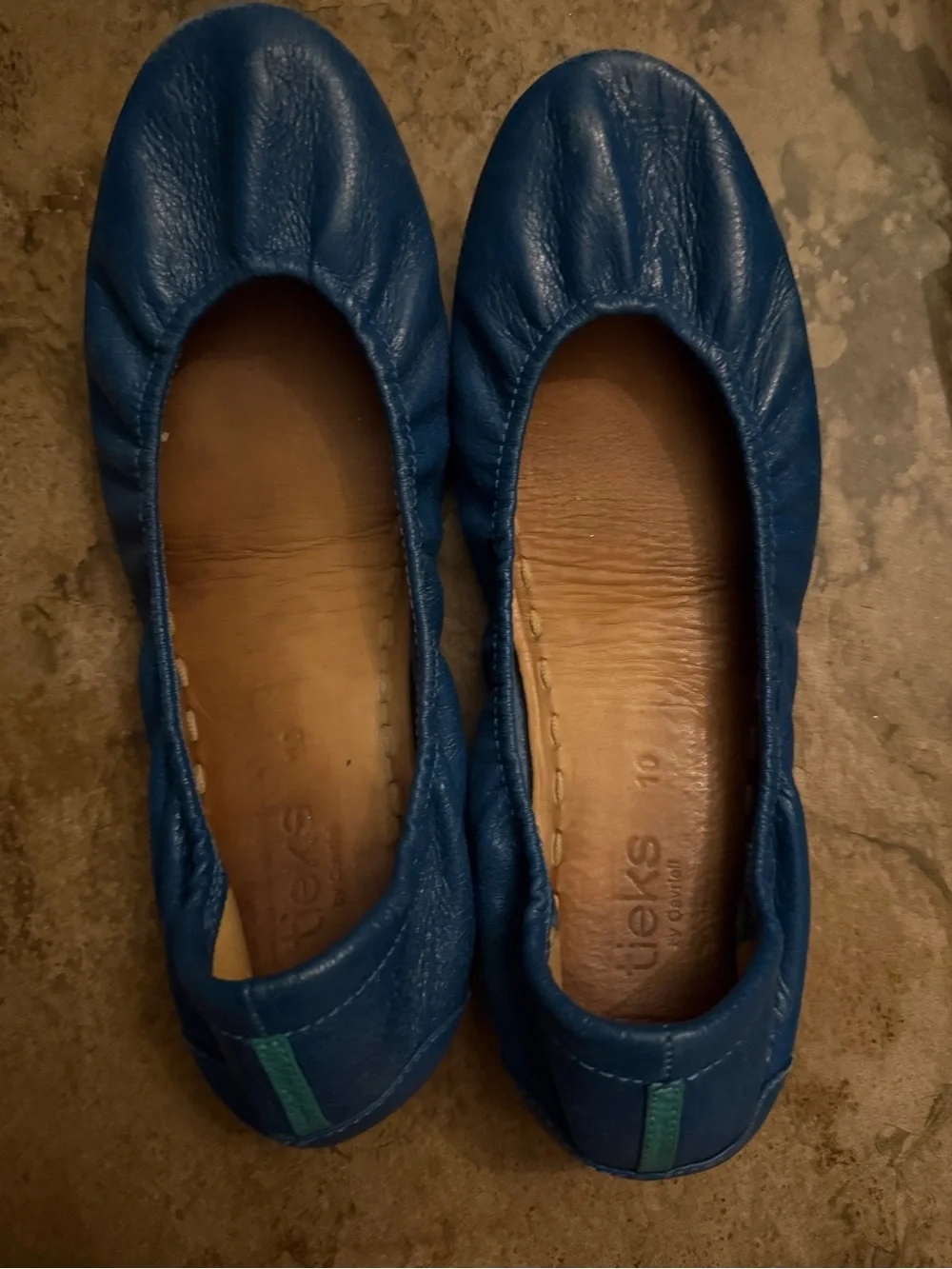 Tieks Women's Deep Blue Leather Ballet Flats with Teal Heel Accent